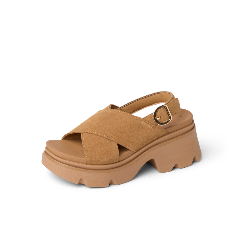 Vista Luxe Ava sandal facing right, soft suede straps with adjustable buckle and cushioned platform sole for comfort.