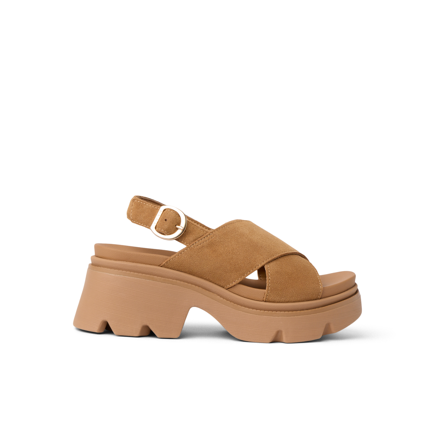 Vista Luxe Ava sandal facing left showing side profile with crossover suede straps and cushioned platform sole
