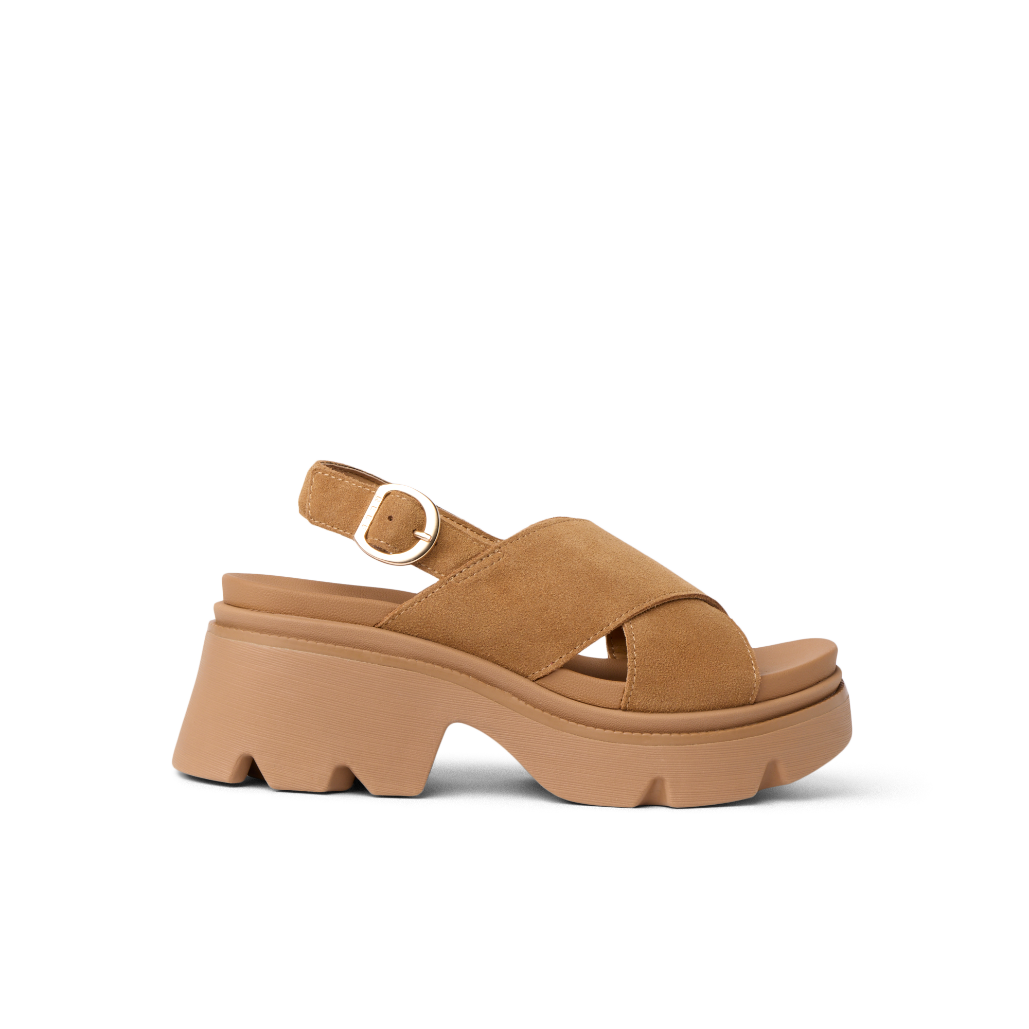 Vista Luxe Ava sandal facing left showing side profile with crossover suede straps and cushioned platform sole