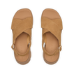 Top view of tan suede Vista Luxe Ava sandals facing up, featuring adjustable straps and cushioned footbeds for arch support.