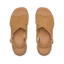 Top view of tan suede Vista Luxe Ava sandals facing up, featuring adjustable straps and cushioned footbeds for arch support.
