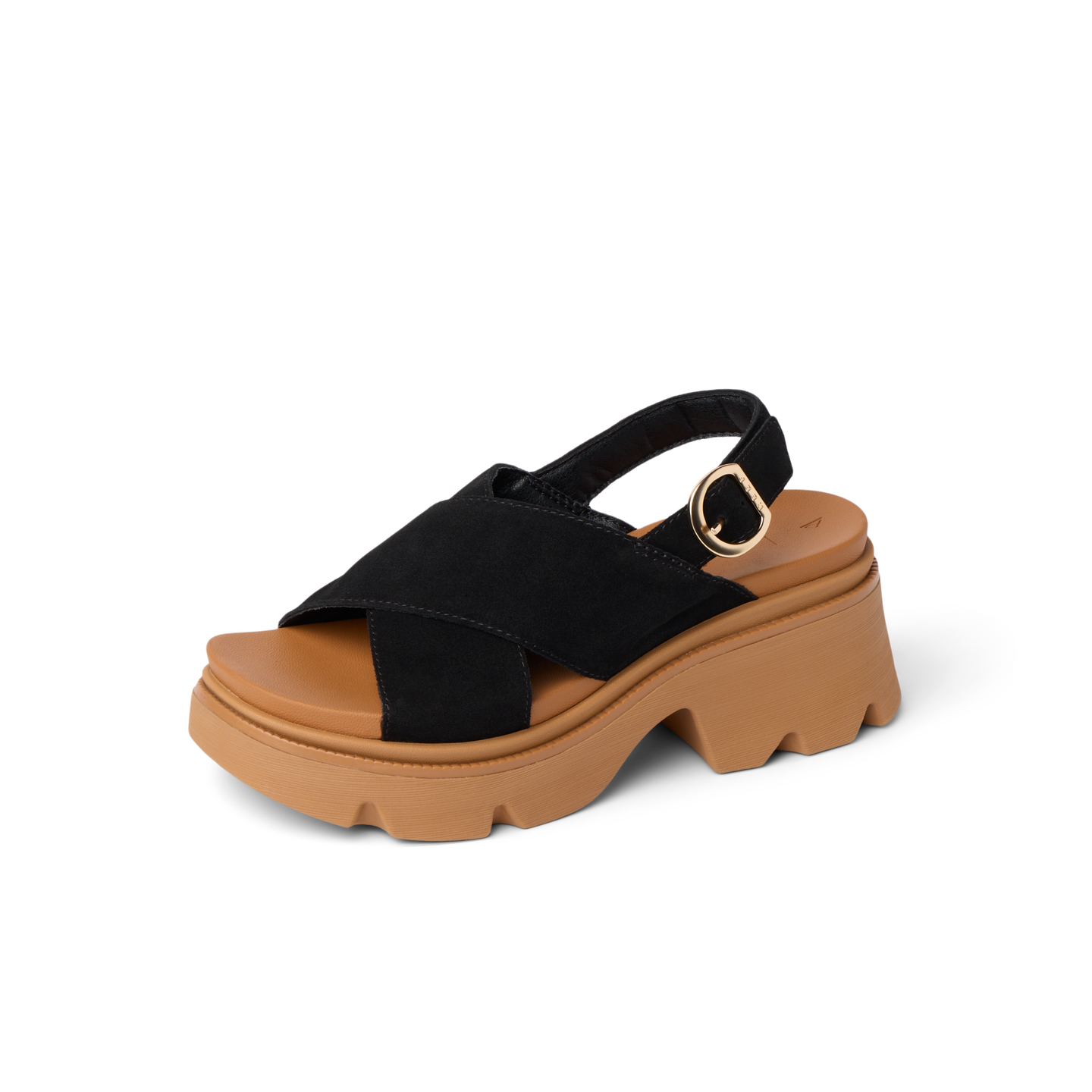 Vista Luxe Ava sandal facing right, black suede crossover strap with cushioned tan platform sole, Arch Support Styles.