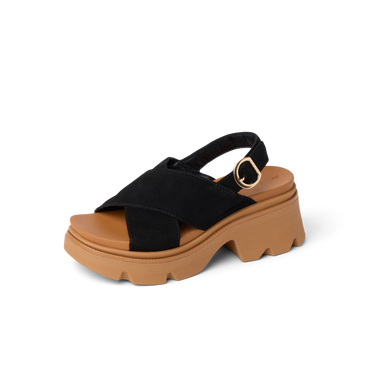 Vista Luxe Ava sandal facing right, black suede crossover strap with cushioned tan platform sole, Arch Support Styles.