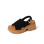Vista Luxe Ava sandal facing right, black suede crossover strap with cushioned tan platform sole, Arch Support Styles.