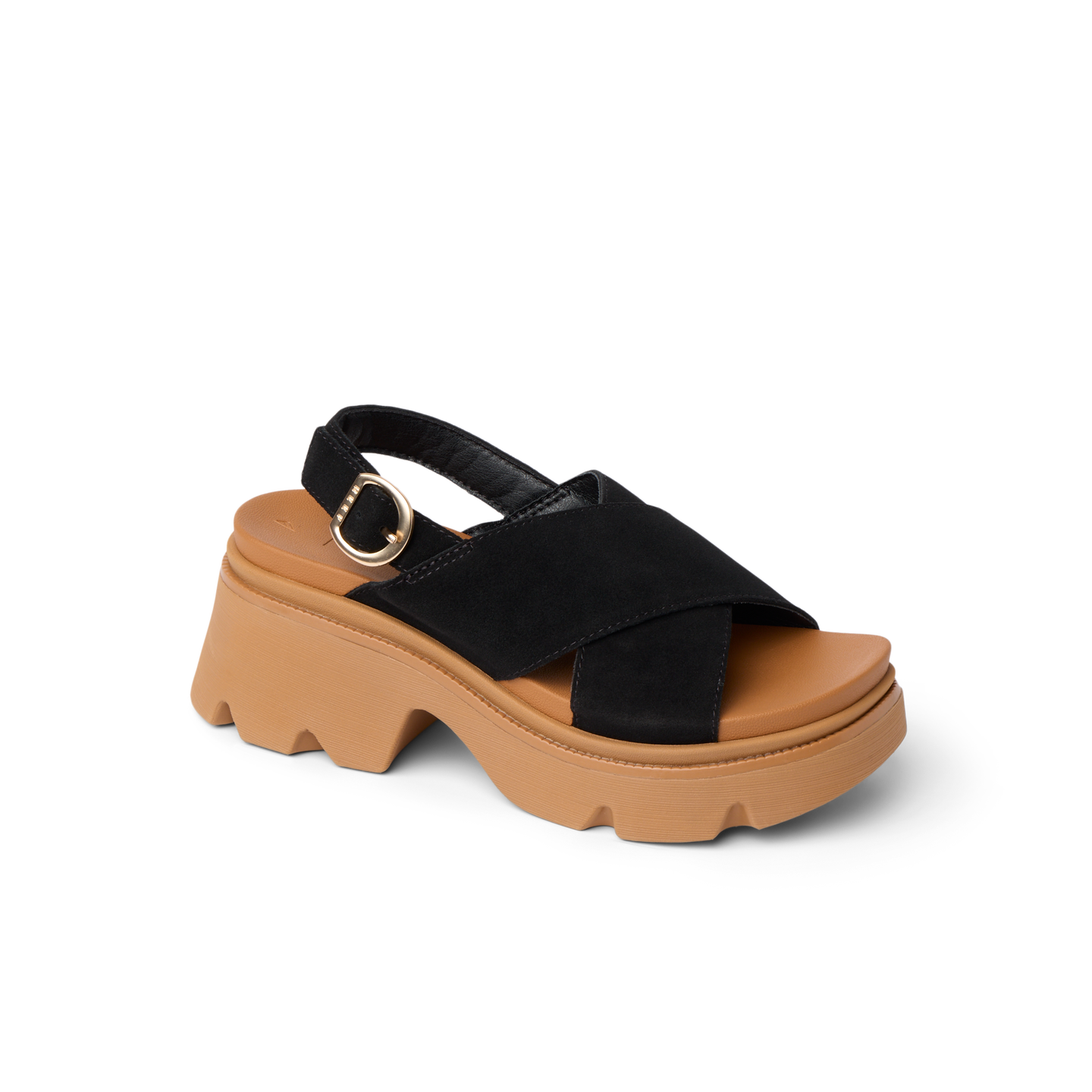 Vista Luxe Ava sandal facing left, featuring black suede crisscross straps and tan cushioned platform sole, arch support style.