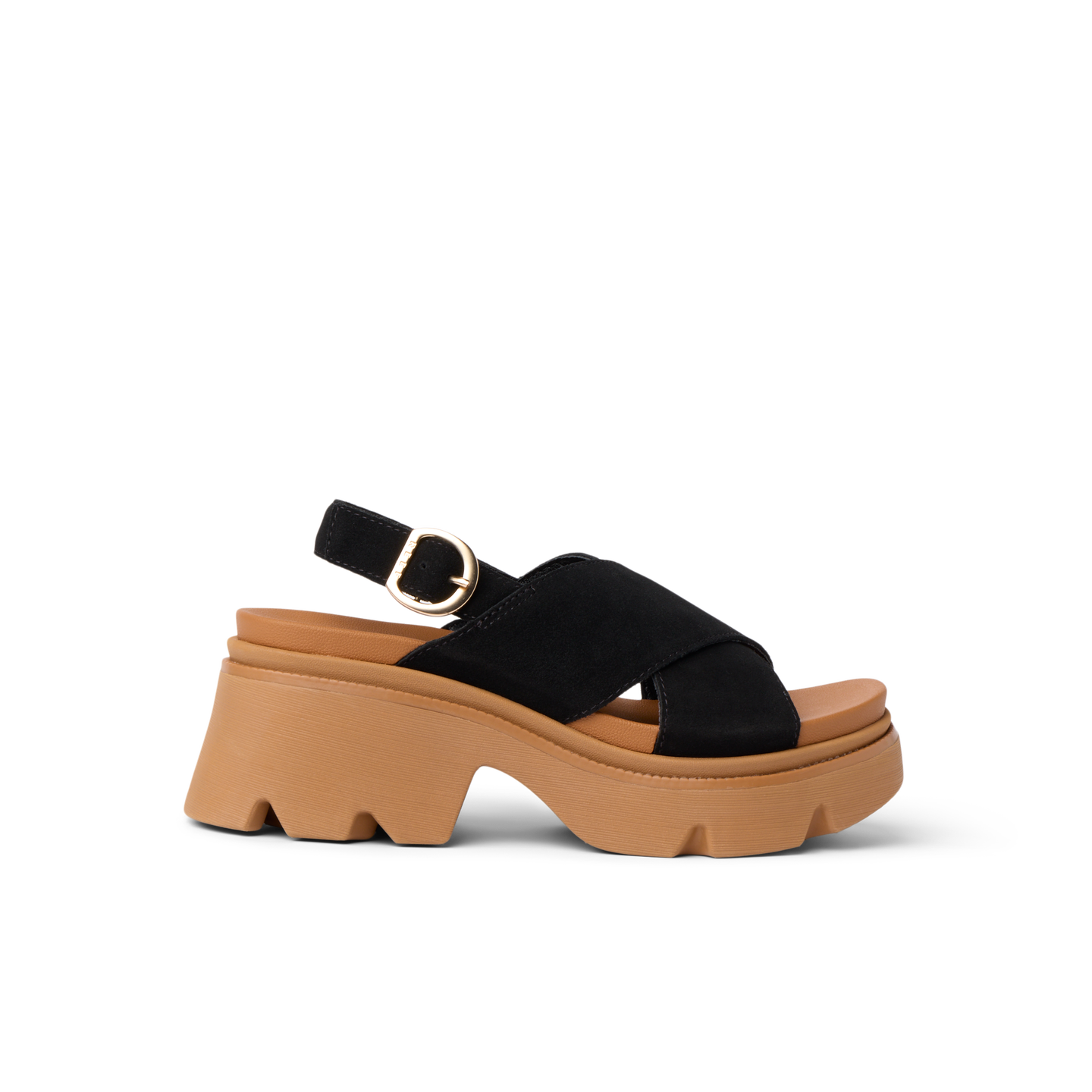 Side view of Vista Luxe Ava black sandal with cushioned arch support and adjustable crossover strap on chunky sole