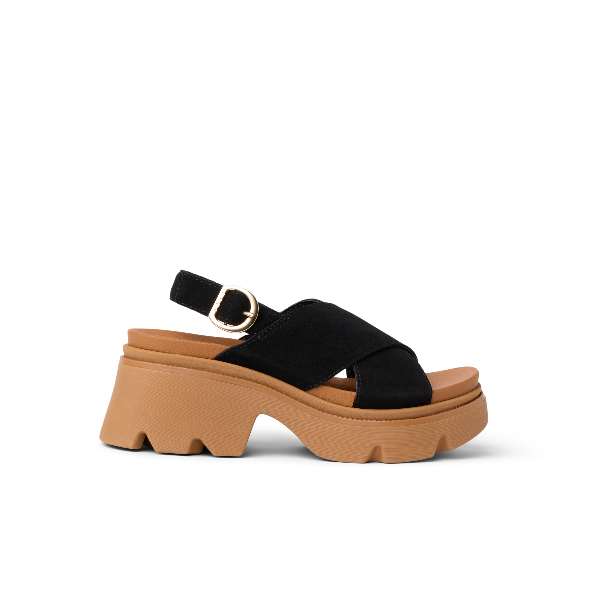 Side view of Vista Luxe Ava black sandal with cushioned arch support and adjustable crossover strap on chunky sole
