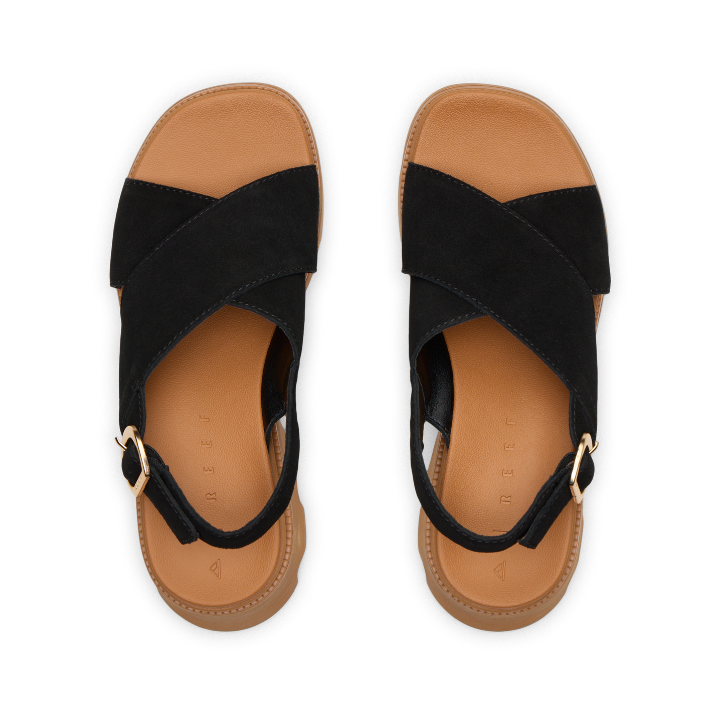 Pair of black Vista Luxe Ava sandals top view showing crossover strap and ankle buckle, designed for comfort and beach style.
