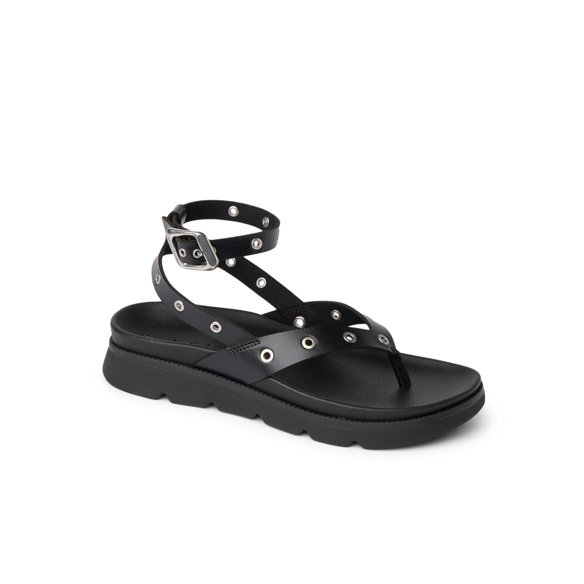 Vista Luxe Sierra black sandal facing right with adjustable buckle and cushioned arch support