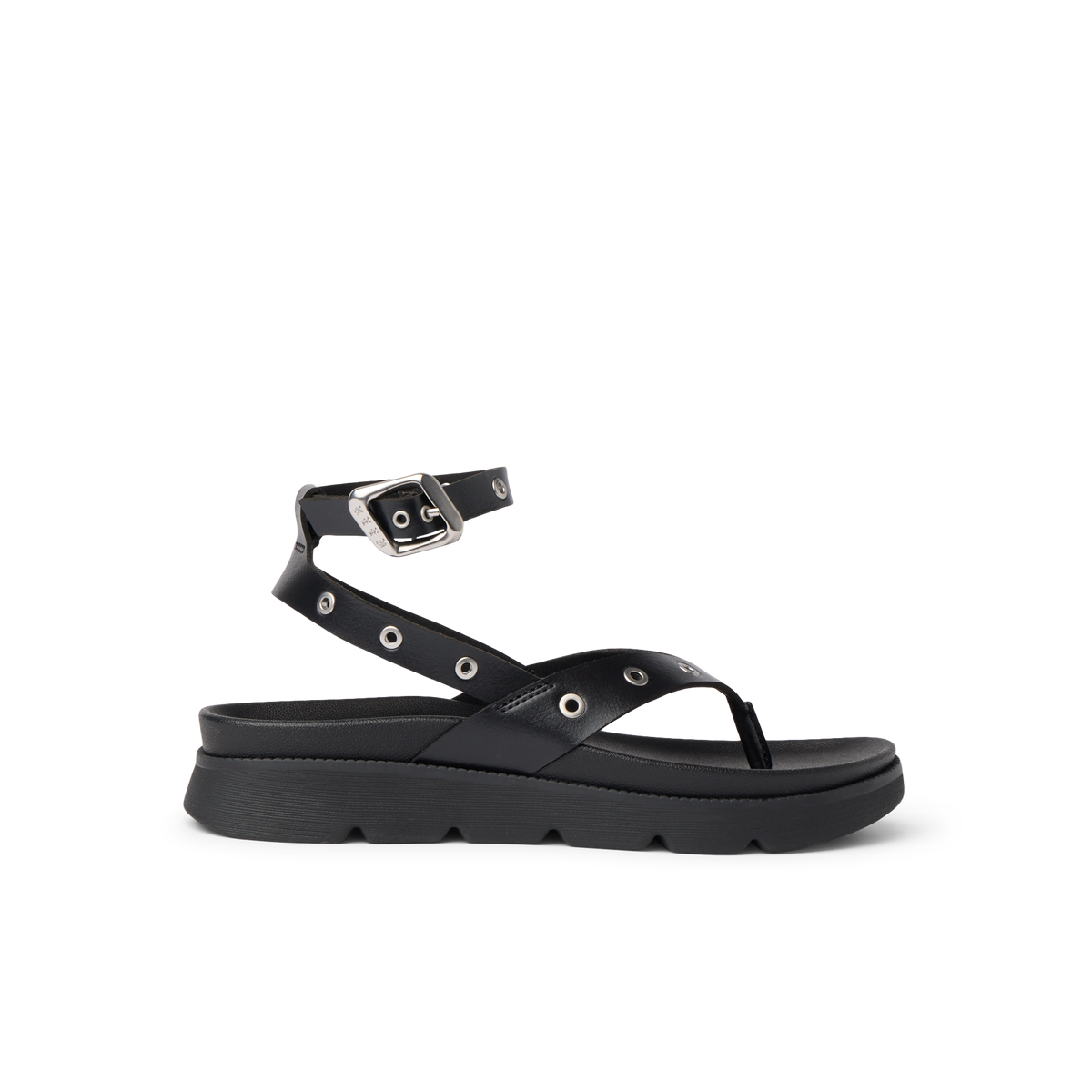 Vista Luxe Sierra black sandal facing right with adjustable buckle, cushioned footbed, and anatomical arch support
