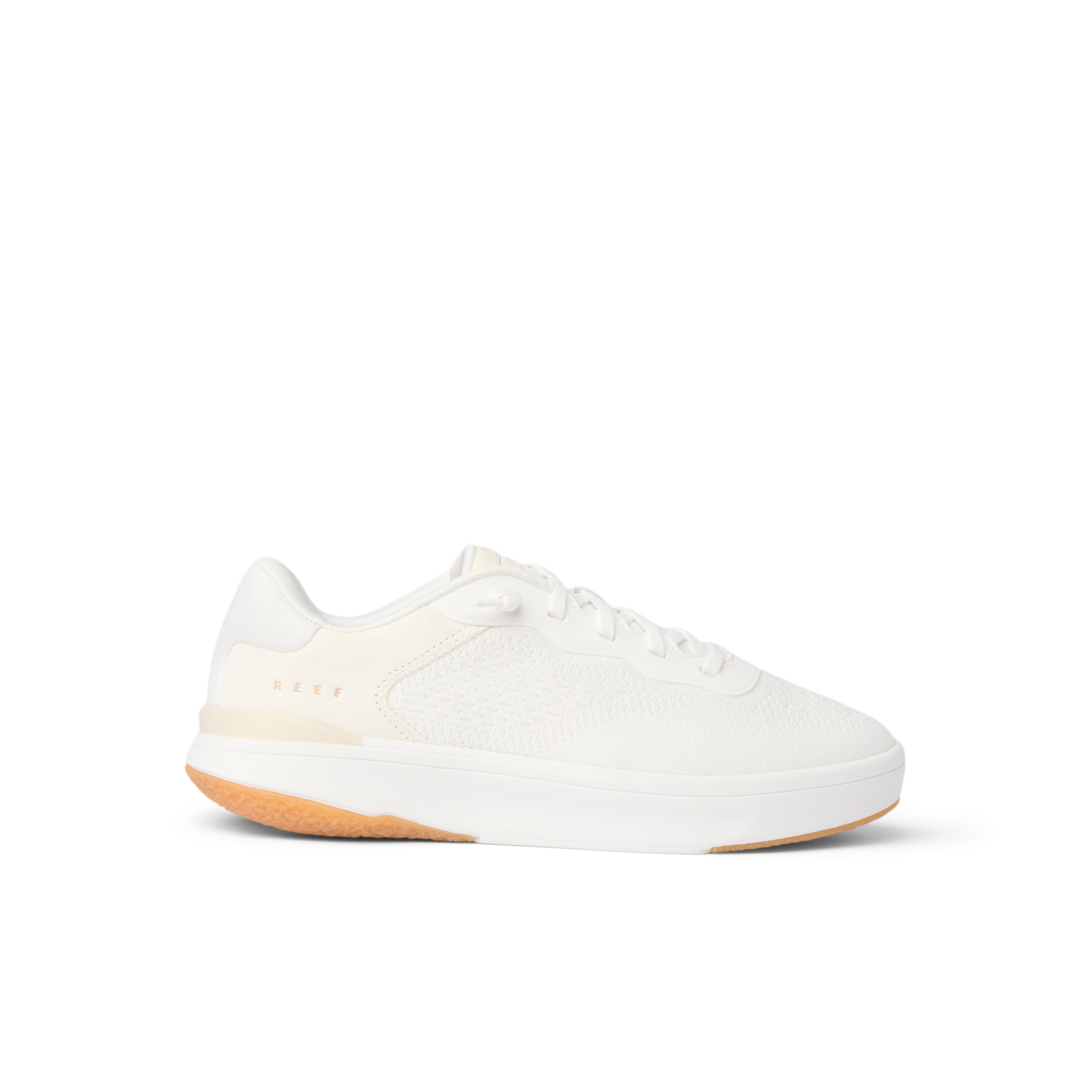 Side view of white Reef Del Mar sneaker with soft-rebound cushioning and anatomical arch support for all-day comfort