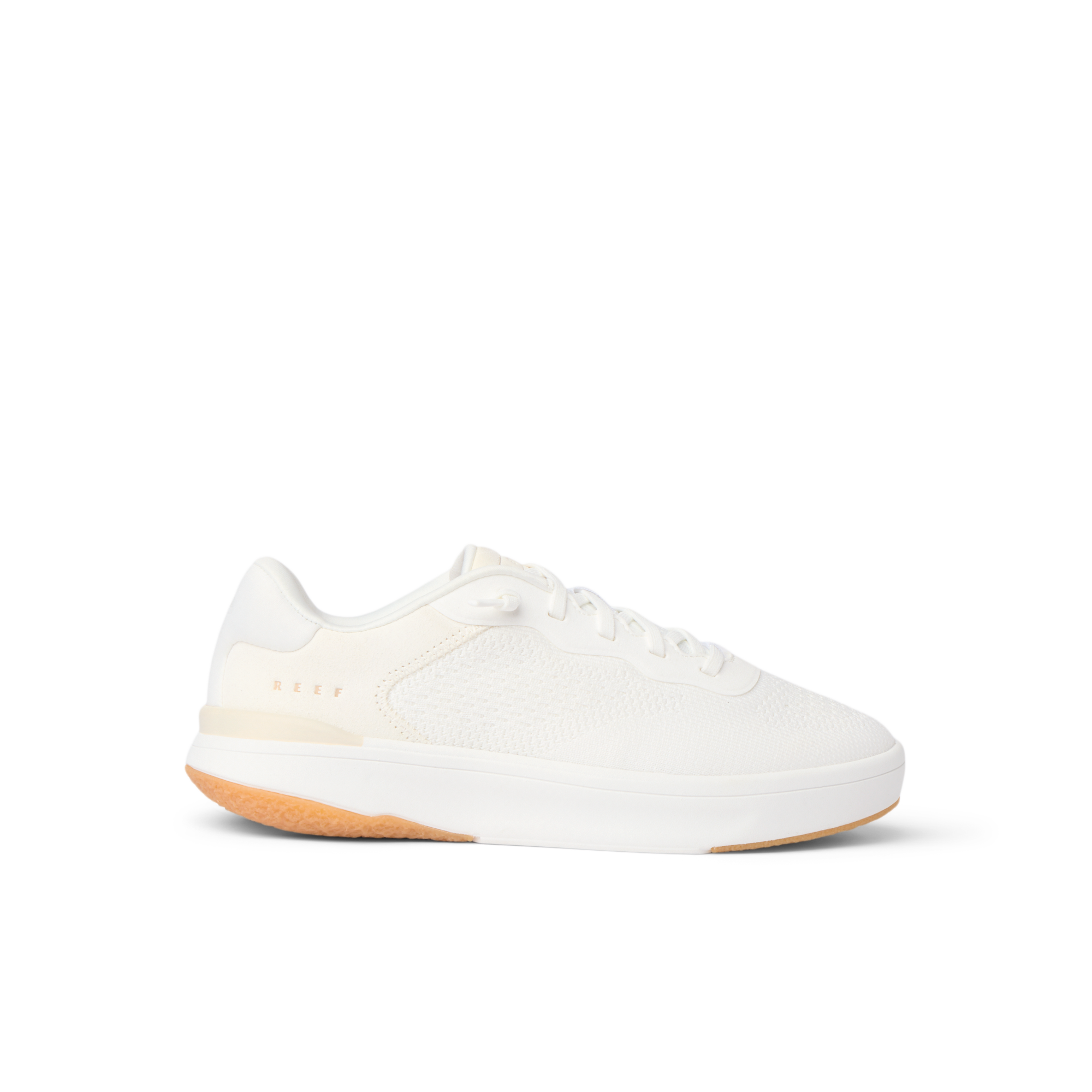 Side view of white Reef Del Mar sneaker with soft-rebound cushioning and anatomical arch support for all-day comfort