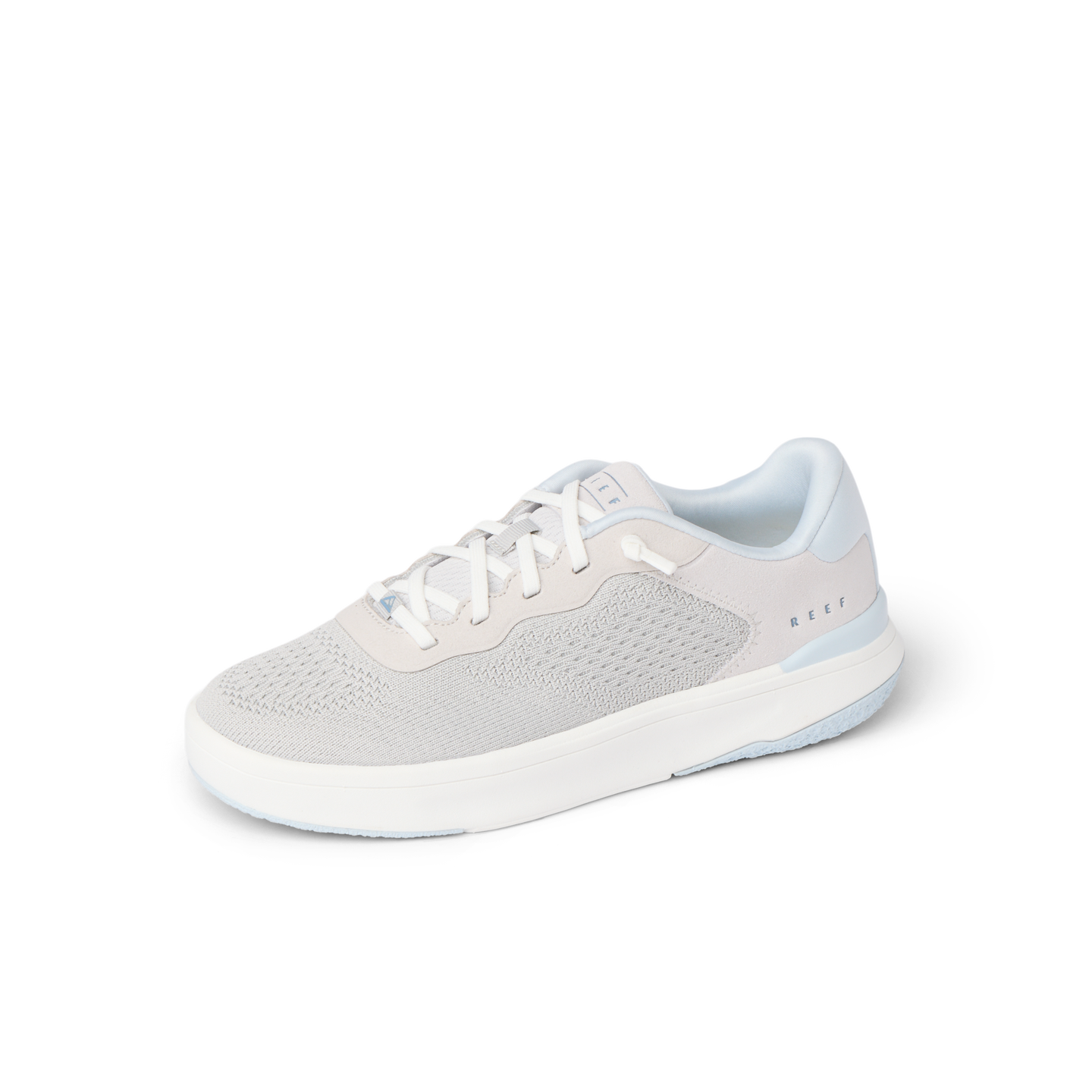 Reef Del Mar sneaker facing left showing breathable knit upper, cushioned sole, and supportive heel in grey tones.