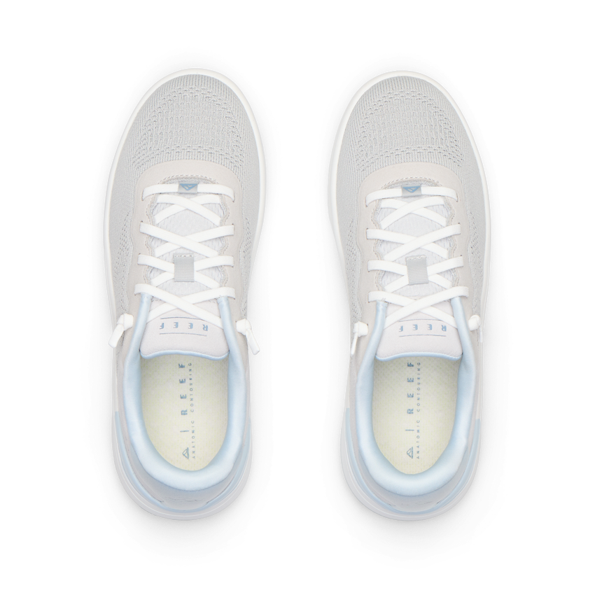 Top view of Reef Del Mar shoes in harbor grey, lightweight and water-friendly with anatomical arch support for beach comfort.