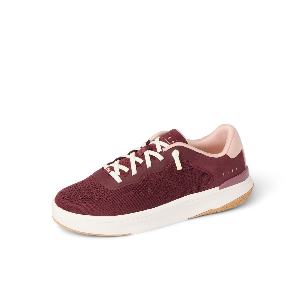 Reef Del Mar burgundy sneaker facing left with cushioned sole and anatomical arch support