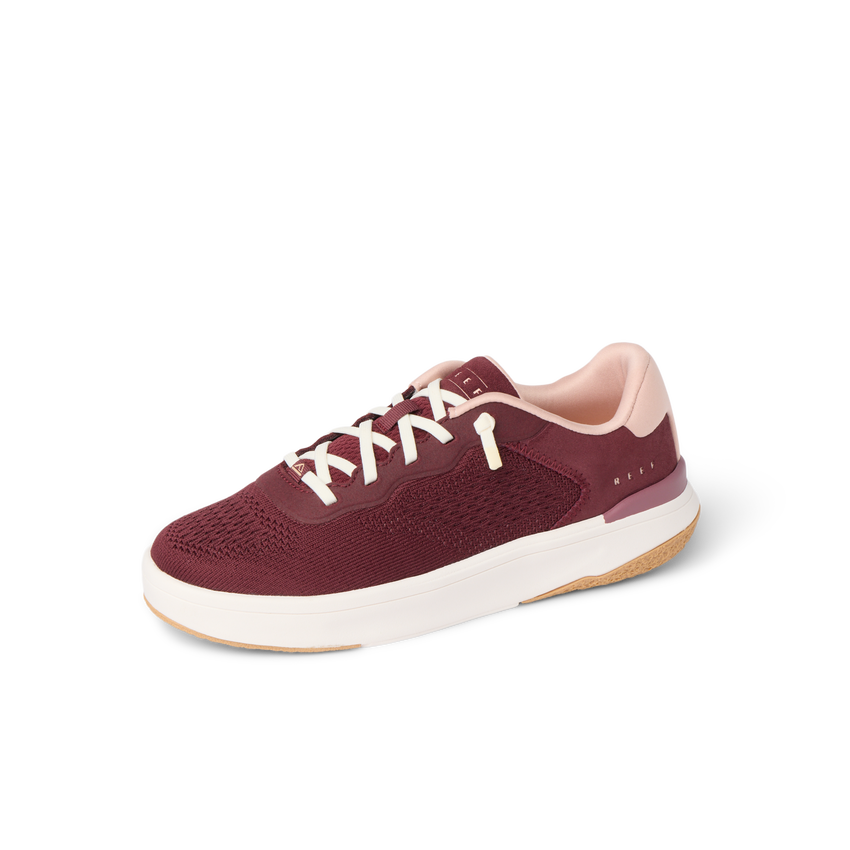 Reef Del Mar burgundy sneaker facing left with cushioned sole and anatomical arch support