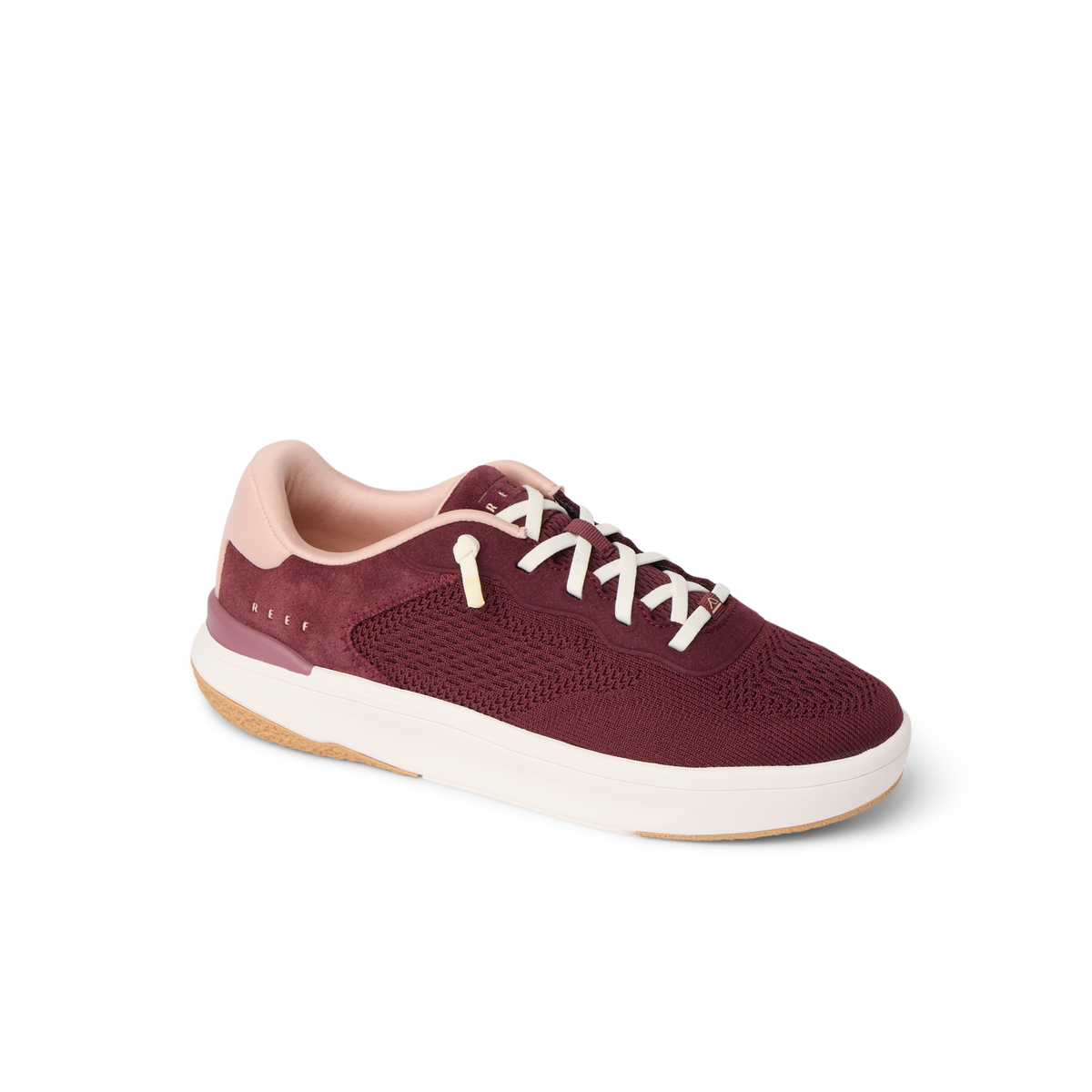Reef Del Mar burgundy sneaker facing right with cushioned sole and arch support