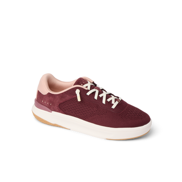 Reef Del Mar burgundy sneaker facing right with cushioned sole and arch support