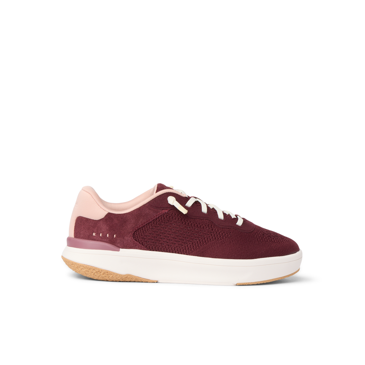 Reef Del Mar burgundy sneaker facing right with cushioned sole and beach inspired comfort