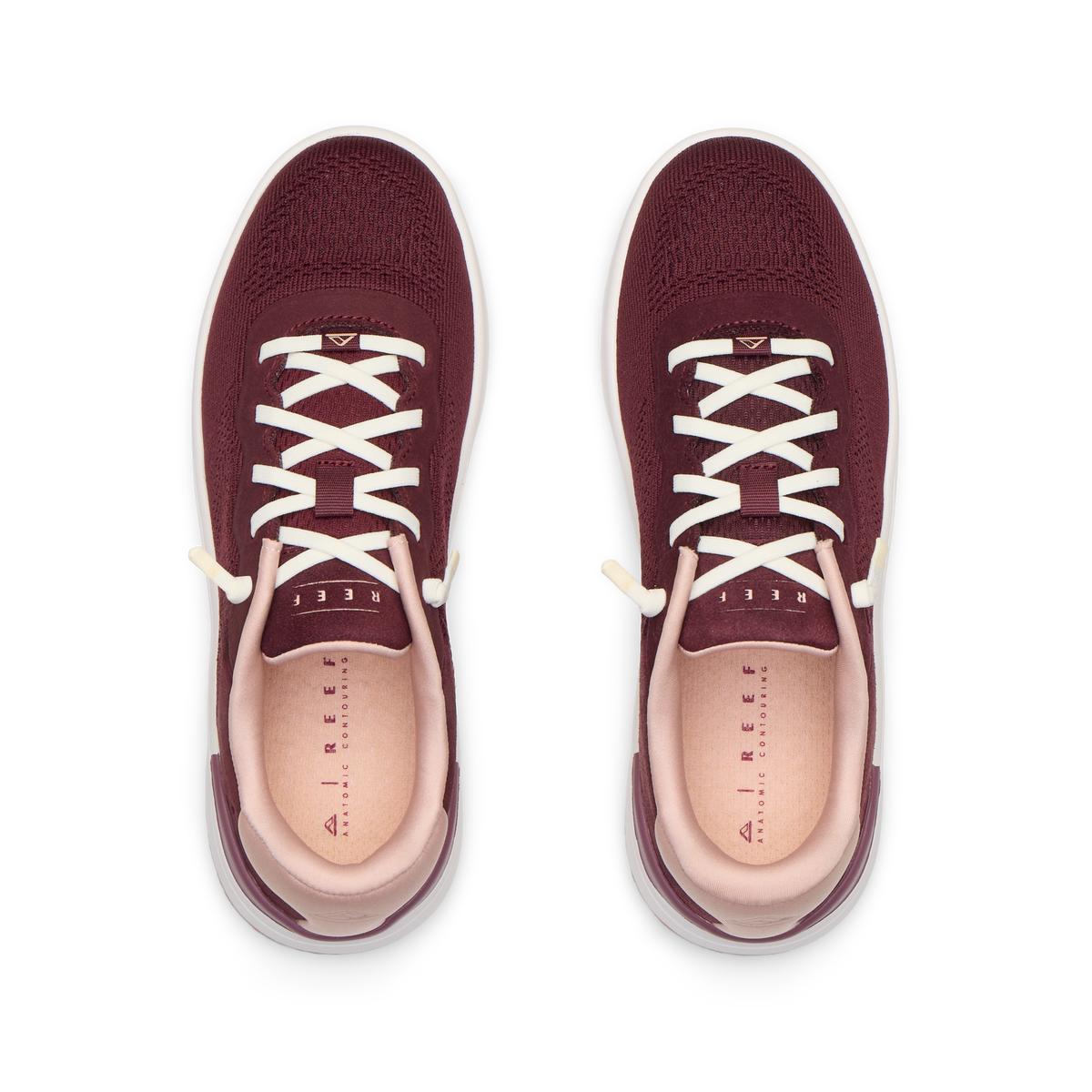 Reef Del Mar burgundy sneakers shown from above with toes facing upward and cushioned footbeds