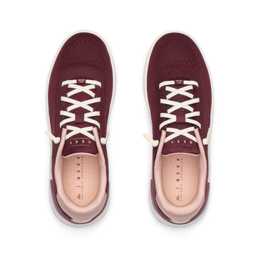 Reef Del Mar burgundy sneakers shown from above with toes facing upward and cushioned footbeds