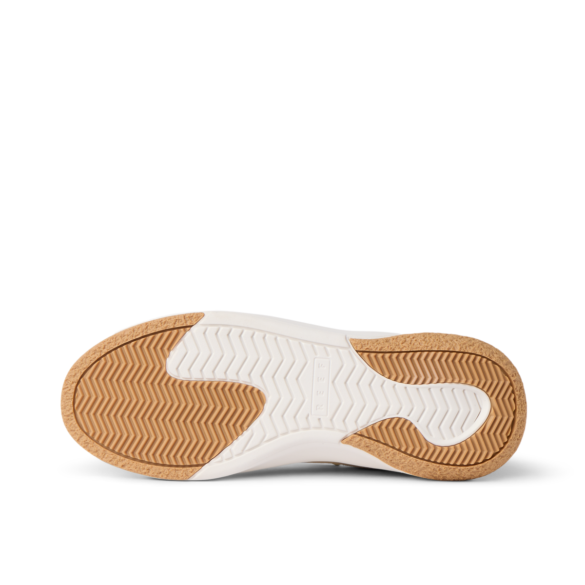 Reef Del Mar shoe outsole close up facing left with textured traction and cushioned support