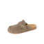 Vista Siena facing left, women's driftwood suede slip-on clog with gold buckle, cushioned cork footbed, and arch support