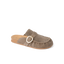 Vista Siena facing left, women's driftwood suede slip-on clog with buckle, cushioned footbed, and arch support for comfort.