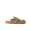 Vista Siena facing right, women's driftwood suede slip-on clog with buckle, cushioned cork footbed, and anatomical arch support