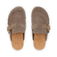 Top view of Vista Siena driftwood suede slip-on clogs with buckle, cushioned cork footbed, and arch support for comfort