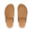 Pair of Vista Myra clogs facing up, women's tan suede slip-on shoes with stitched detail and cushioned cork footbed for all-day comfort