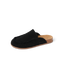 Vista Myra facing right, women's black suede clog mule with slip-on design and anatomical arch support for all-day comfort