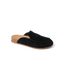 Vista Myra facing right, women's black suede slip-on clog with anatomical arch support and soft cork footbed comfort