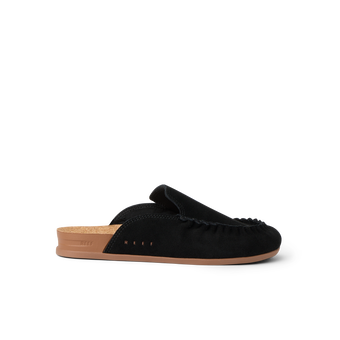 Vista Myra facing right, women's black suede clog with slip-on design, anatomical arch support, and soft cork footbed comfort.