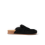 Vista Myra facing right, women's black suede clog with slip-on design, anatomical arch support, and soft cork footbed comfort.