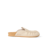 Side view of cream-colored left-facing slip-on clog with gathered upper and molded footbed on black background