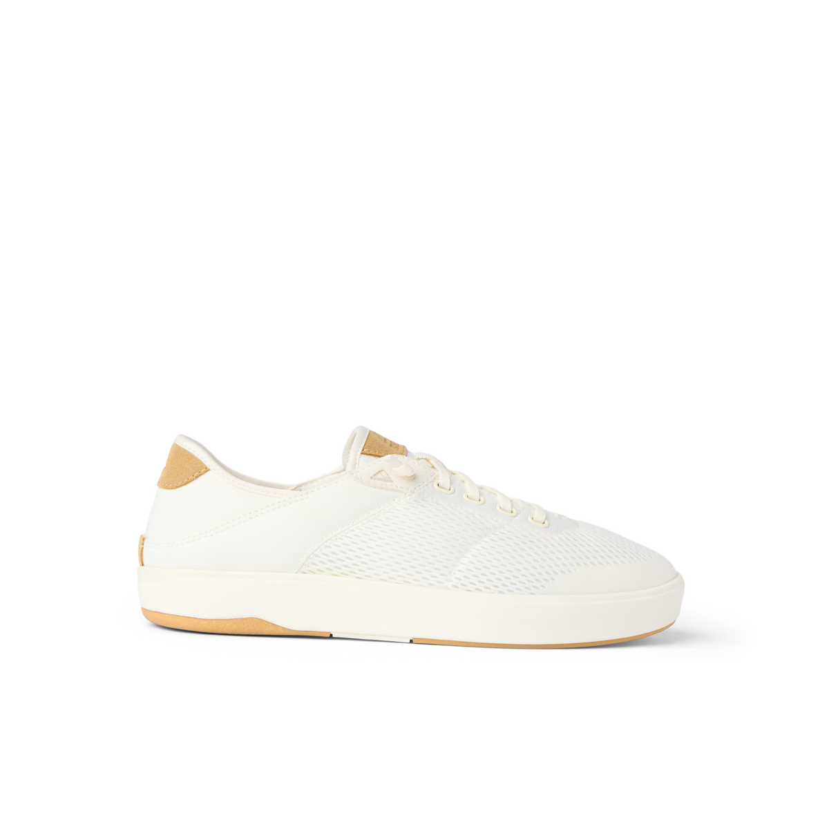Laguna sneaker facing right, white breathable upper with tan accents, lightweight and comfortable beach-inspired design.