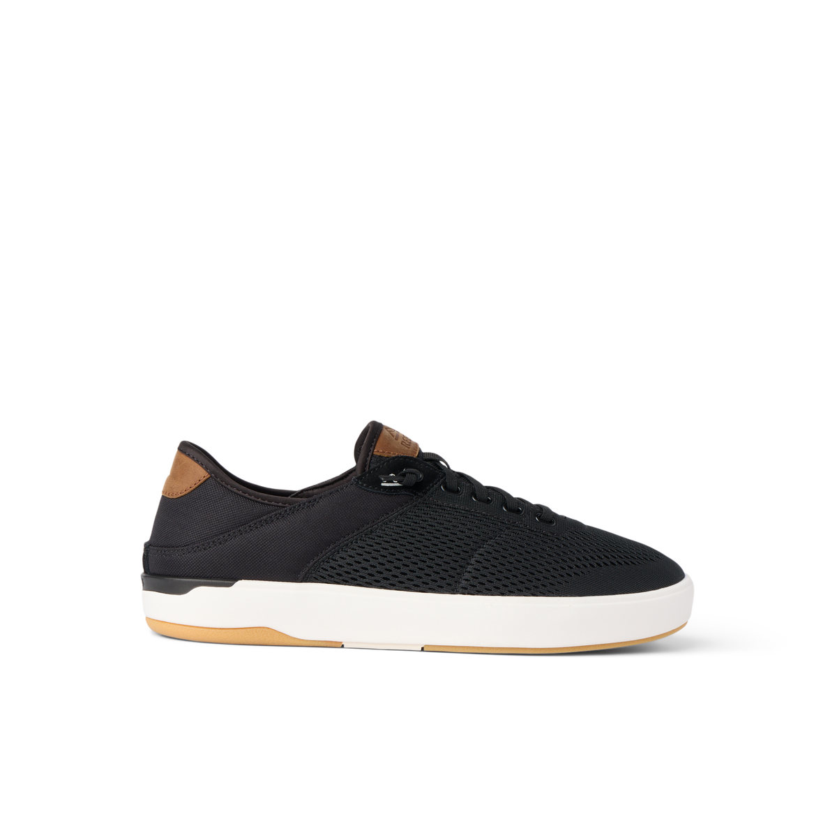 Side view of black Laguna sneaker with breathable upper, cushioned sole, and brown heel tab for beach comfort and durability