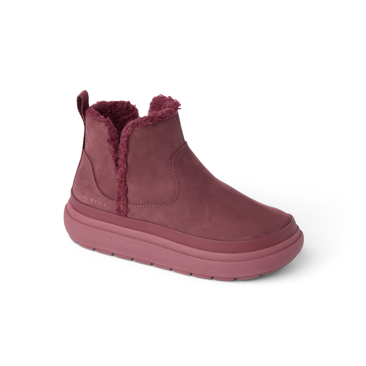 Weekend Autumn women's left-facing boot with plush collar, cushioned sole, and durable suede in deep rose color.