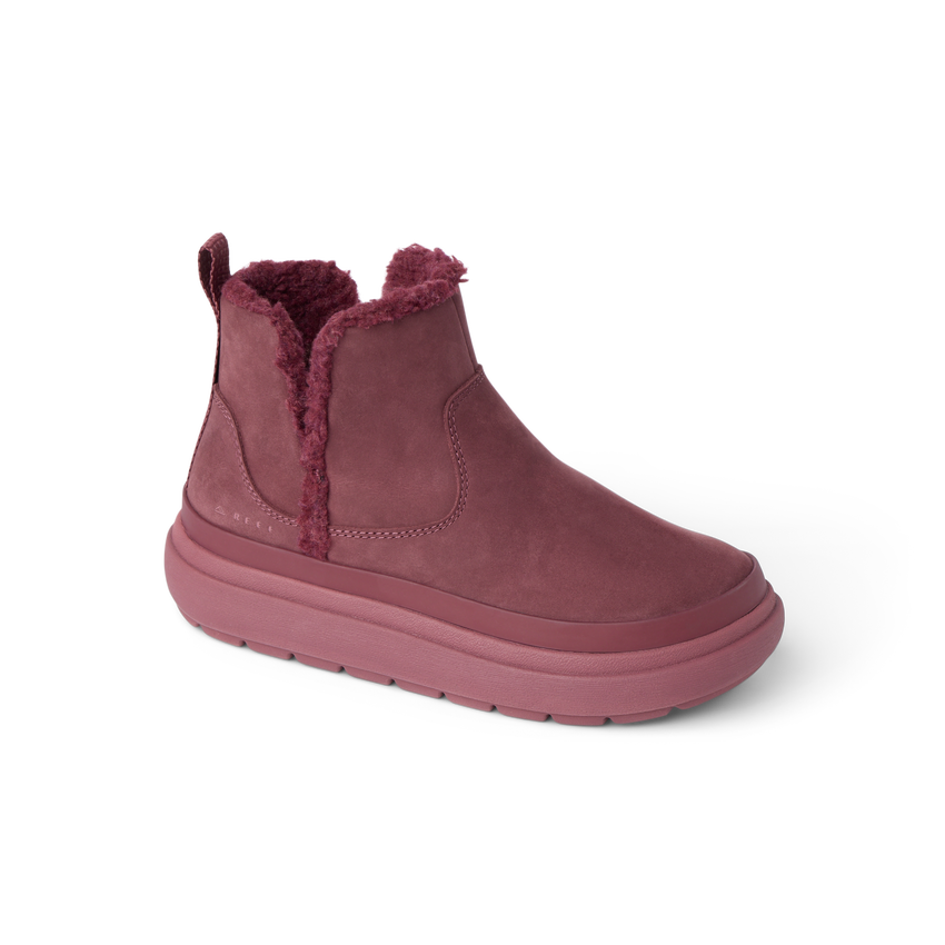 Weekend Autumn women's left-facing boot with plush collar, cushioned sole, and durable suede in deep rose color.