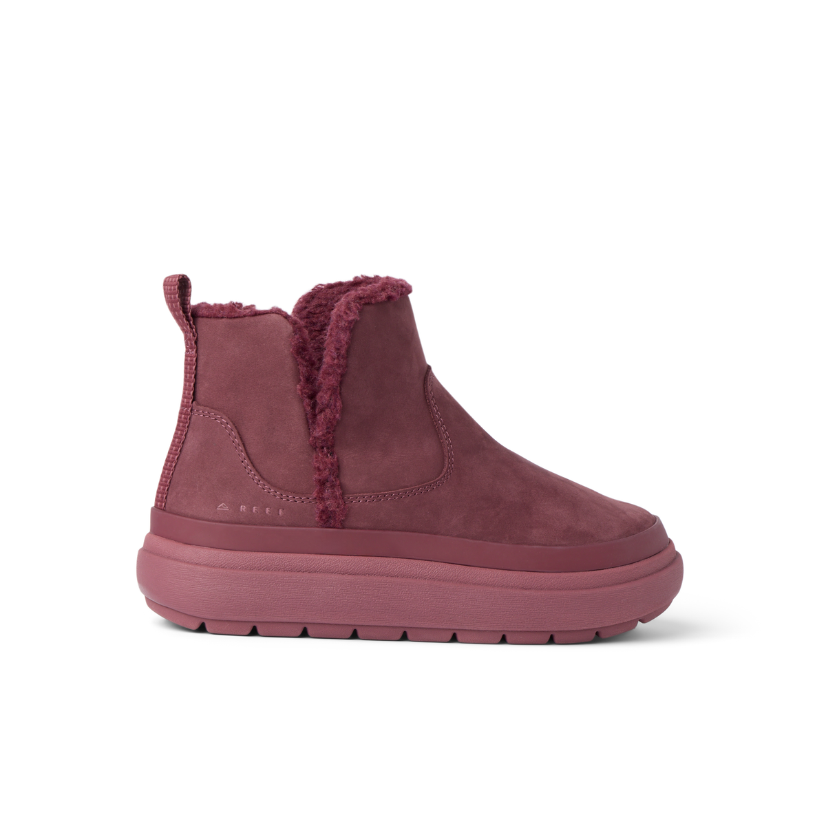 Side view of the Weekend Autumn boot in burgundy with cozy lining, durable sole, and arch support, designed for comfort by REEF.