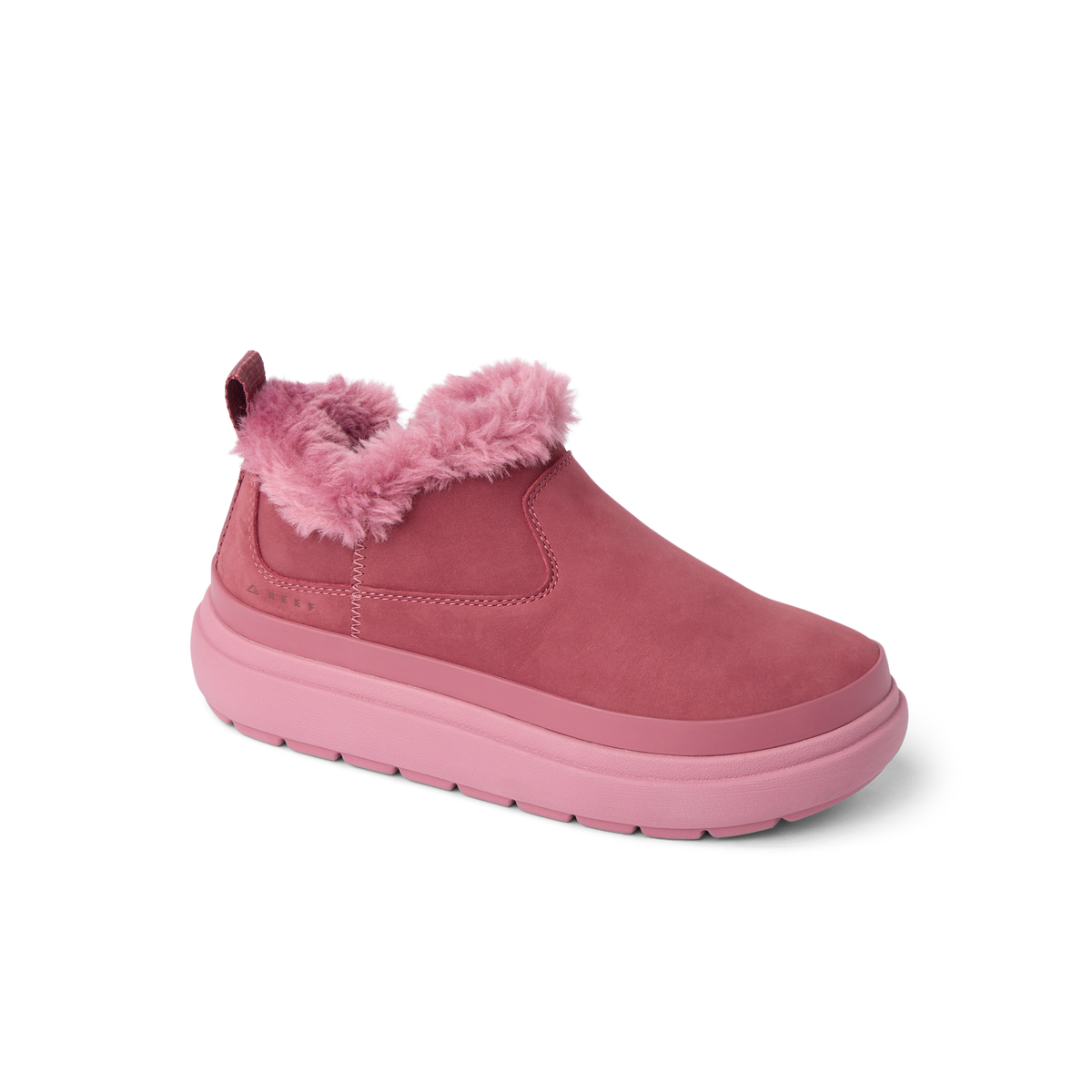 Weekend Olivia right-facing pink boot with plush faux fur lining and grippy lightweight sole for comfort and durability