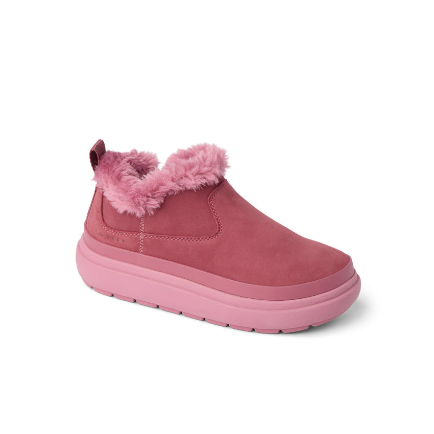 Weekend Olivia right-facing pink boot with plush faux fur lining and grippy lightweight sole for comfort and durability