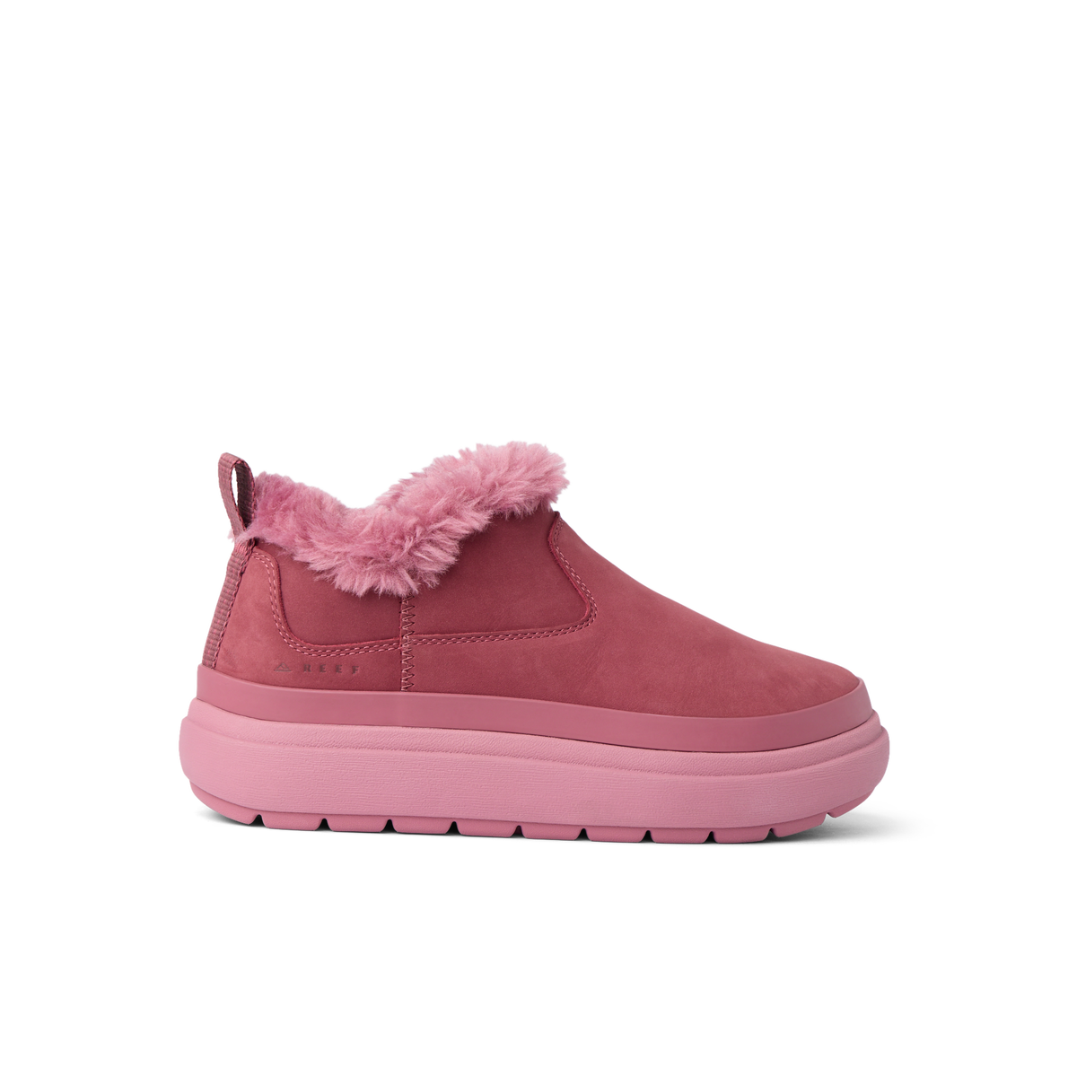 Weekend Olivia pink boot facing right with plush faux fur lining and lightweight rubber sole, designed for comfort and beach style