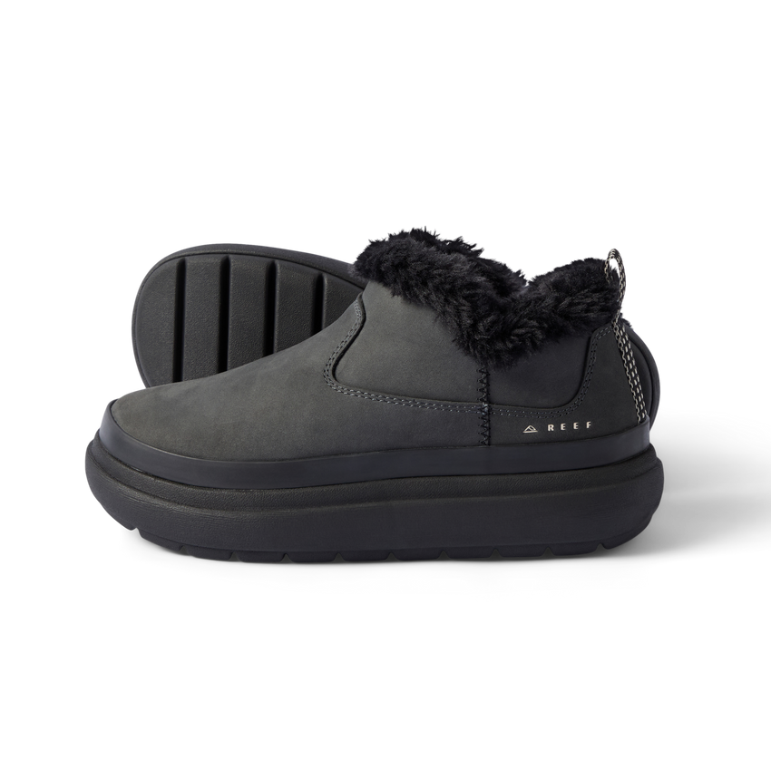 Weekend Olivia women's black boot facing right with water-resistant nubuck and plush faux fur lining close-up