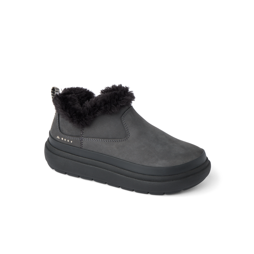 Weekend Olivia women's black water-resistant boot facing left with plush faux fur lining and cushioned sole