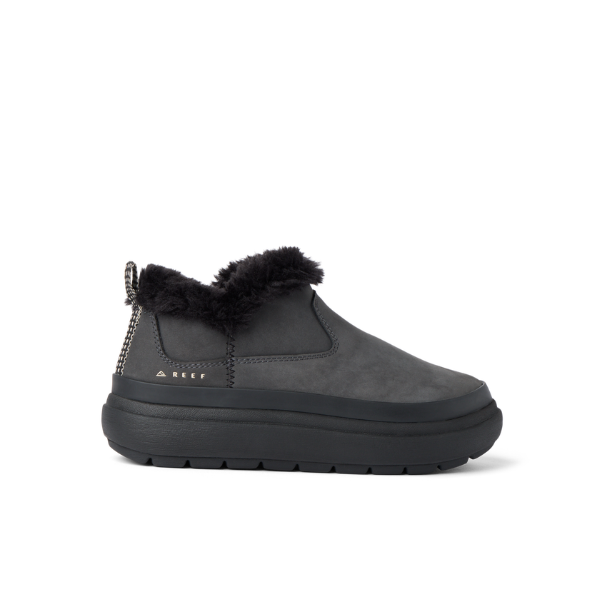Side view of the black Weekend Olivia boot with plush lining and water-resistant nubuck for comfort and durability