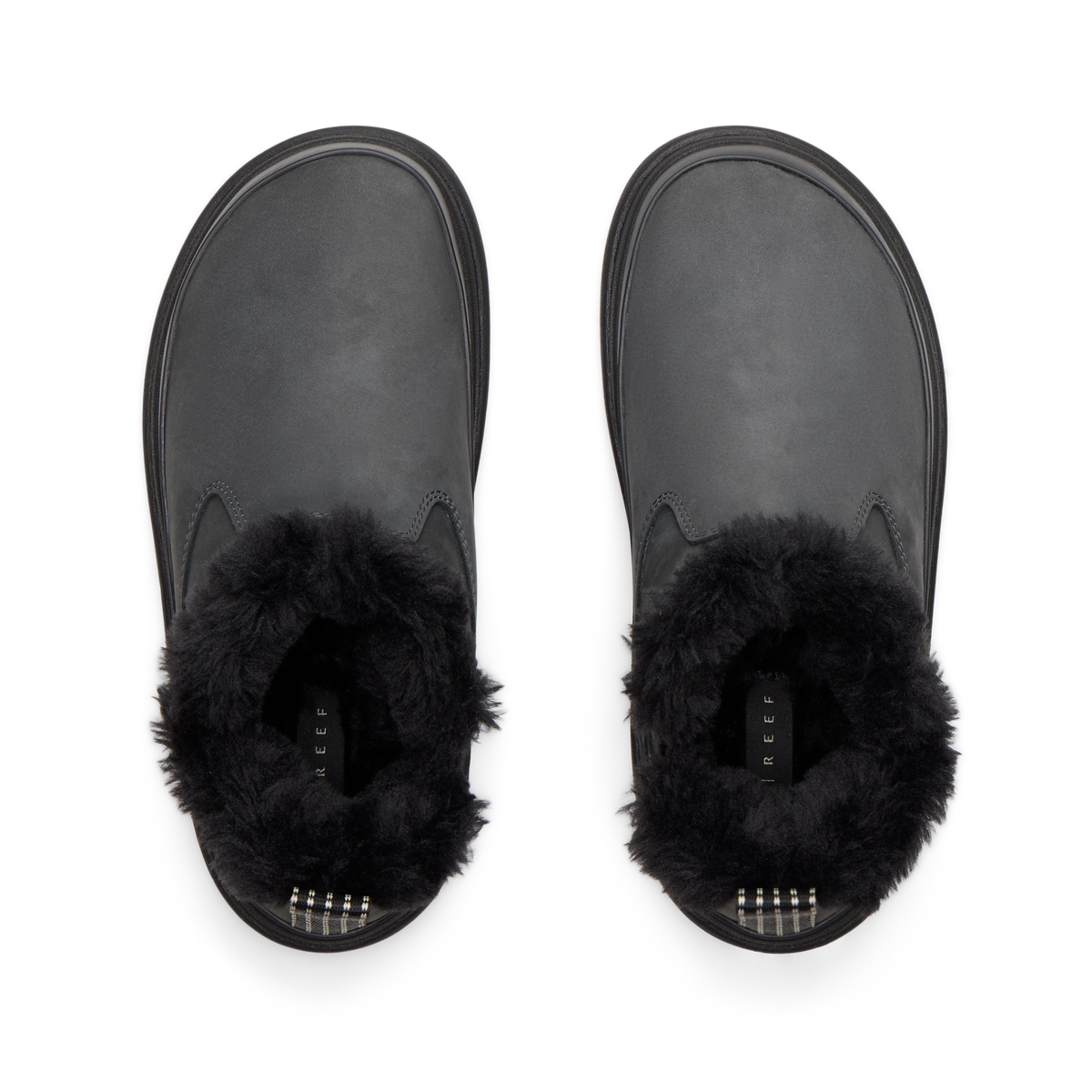 Top-down view of Weekend Olivia black boots with plush faux fur lining, water-resistant nubuck, and lightweight sole for comfort.
