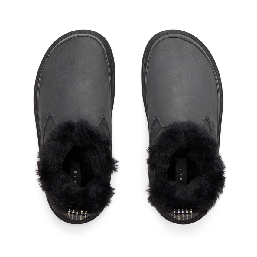 Top-down view of Weekend Olivia black boots with plush faux fur lining, water-resistant nubuck, and lightweight sole for comfort.