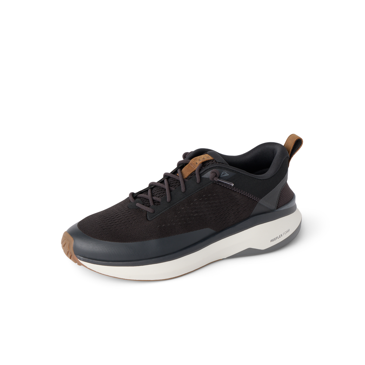 Reef Zuma black sneaker facing left with breathable knit upper, cushioned sole and flexible heel